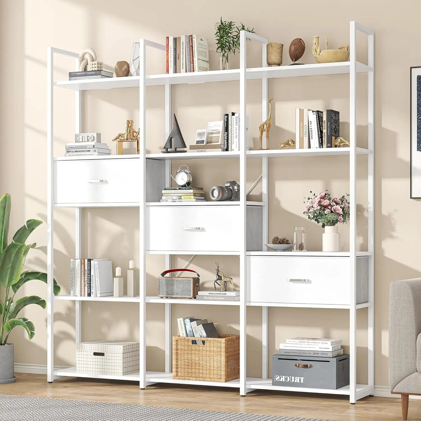 73.6" Triple Wide Bookshelf 3 Drawers 16 Open Shelves Industrial Storage Home Office Gold Customized