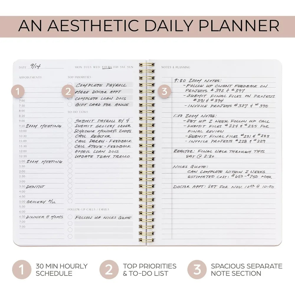 Daily Planner & Notebook with Hourly Schedule, Aesthetic Spiral To-Do List Notepad for Organizing Tasks, Stylish School Office Supplies