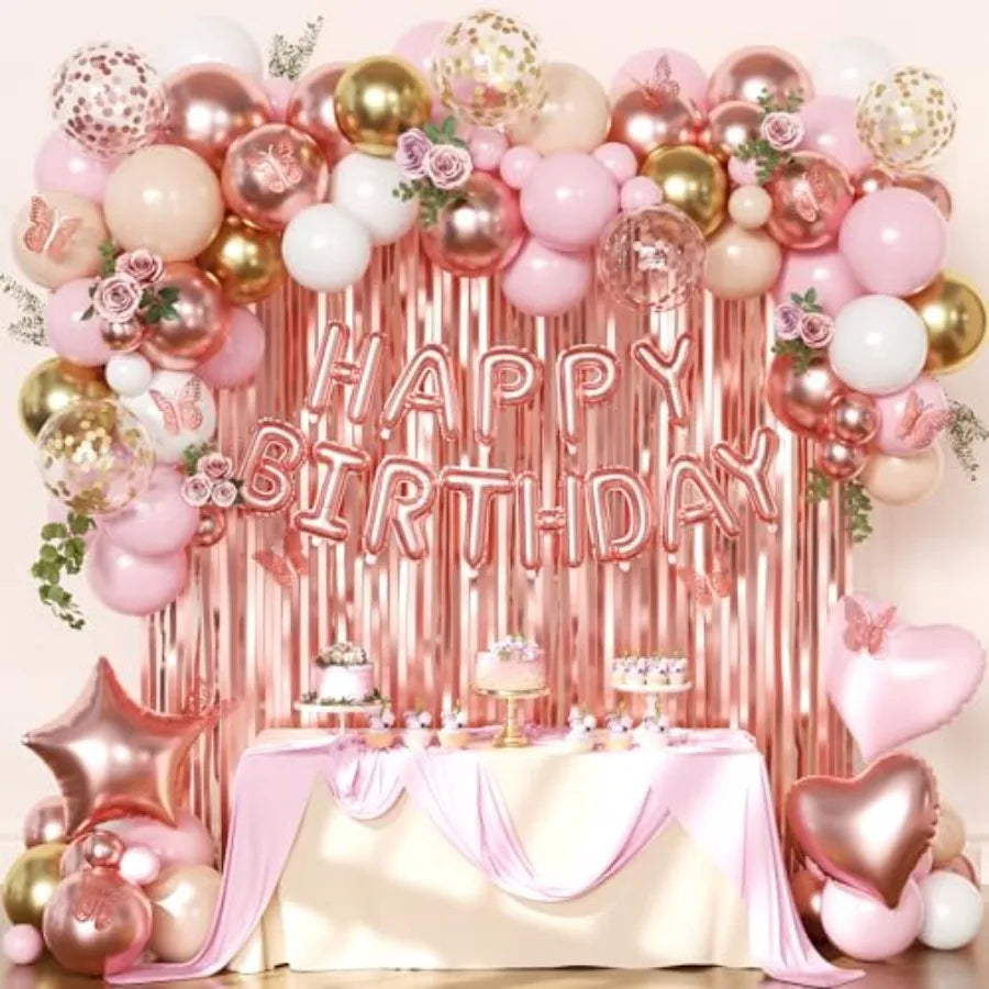 Foil Confetti Balloons Birthday Banner And Butterfly Fringe Curtains