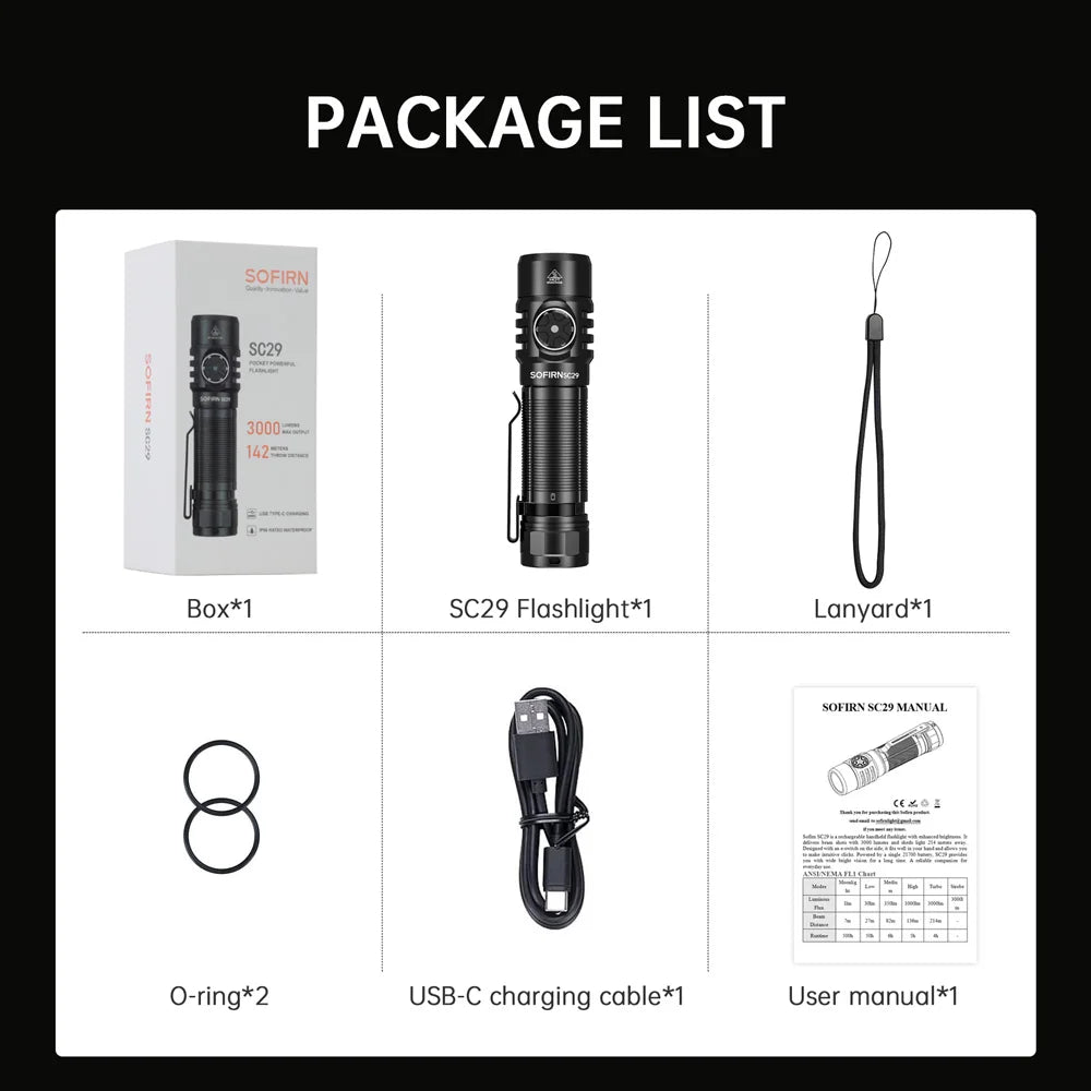 Sofirn SC29 3000Lm Type-C Rechargeable Flashlight XHP50B LED 21700 Torch IPX8