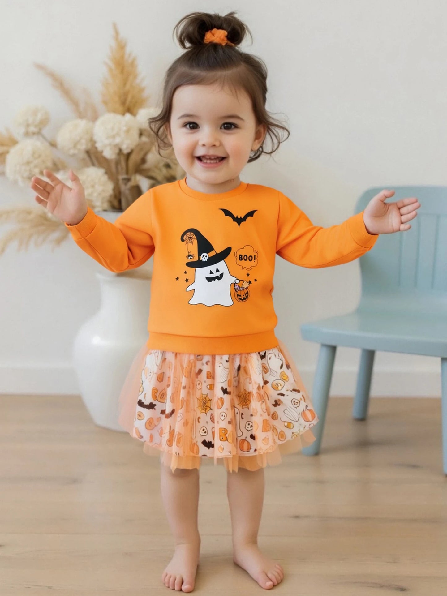 Toddler Halloween Costume Witch Cat Spider Print Tulle Dress and Headband Two Piece Set for Girls Age 1 to 5