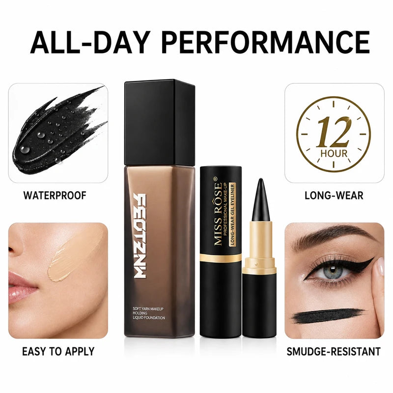 3PCS Makeup Set Full Coverage Liquid Foundation with 2 Waterproof Gel Eyeliners, Long-Lasting Matte Face Base, Smudge-Proof Black Eye Liner, Smooth Blendable Complexion and Eye Makeup Kit for Women, Natural Flawless Finish, D