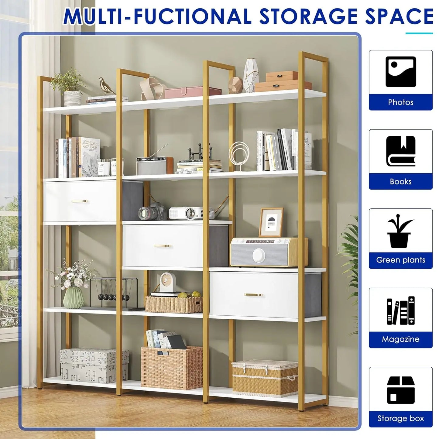 73.6" Triple Wide Bookshelf 3 Drawers 16 Open Shelves Industrial Storage Home Office Gold Customized