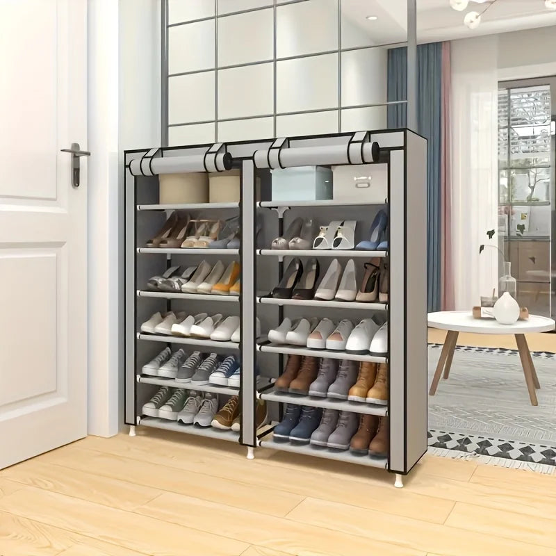 6 Layer Double Row Shoe Rack With Dust Cover Easy Assembly For Shoes Black Plastic 12 Grid Storage Rack