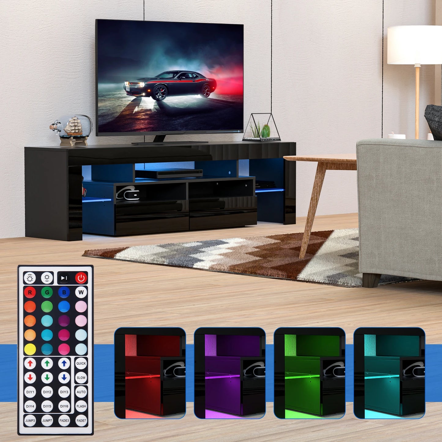 LED TV Stand for Living Room with 20 Color LED Lights and Storage Shelf High Gloss Cabinet with Large Drawers