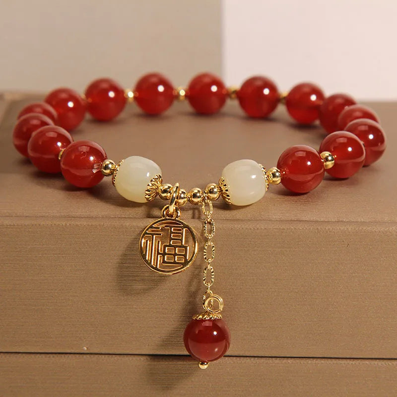 Red Crystal Bracelet with Golden Pendant, Chinese Ethnic Style Lucky Charm Jewelry, Gift for Family Friends, Daily Wear