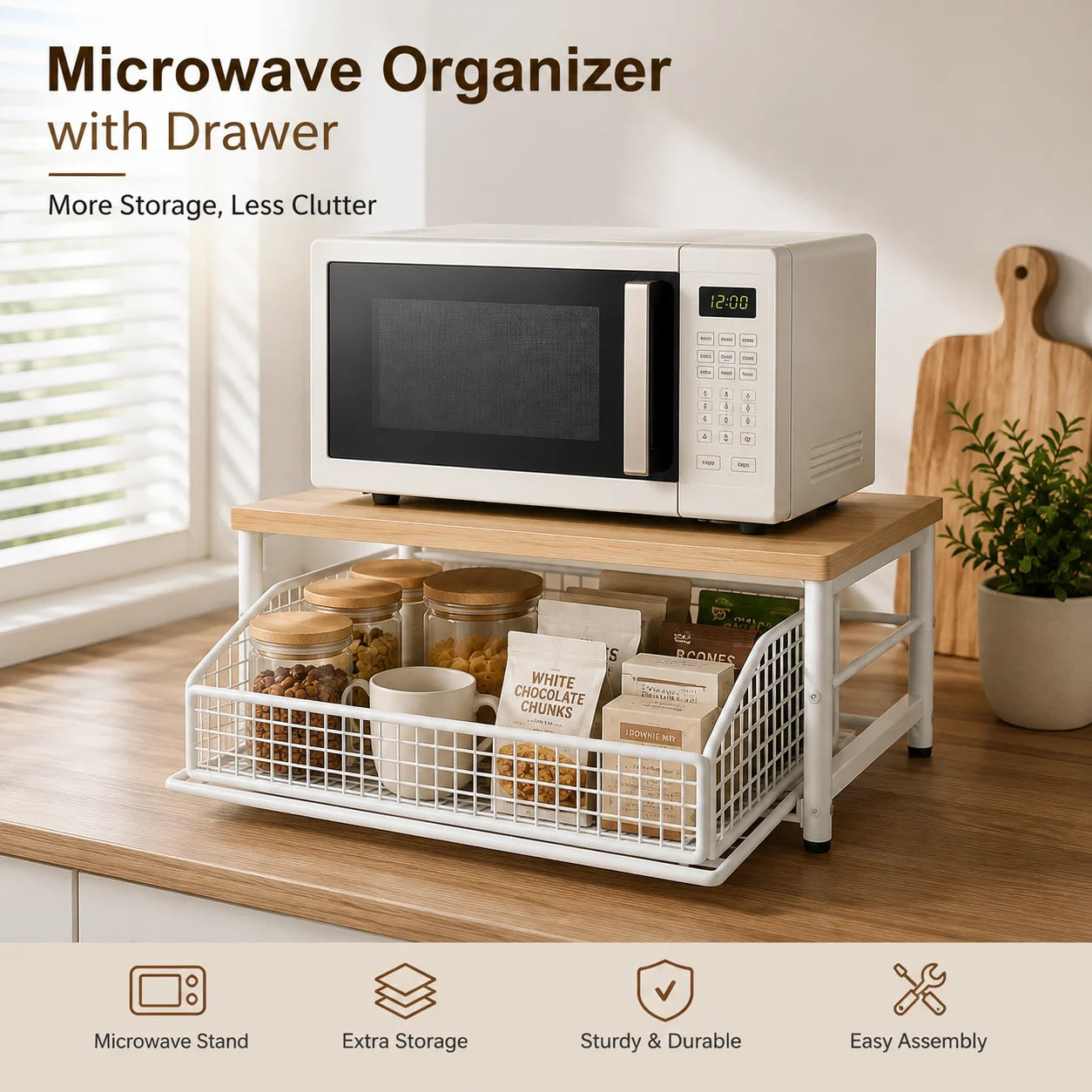 Kitchen Microwave Stand with Drawer, Multifunctional Countertop Organizer Storage Rack, Upright Shelf for Oven, Baking Tools and Kitchen Essentials