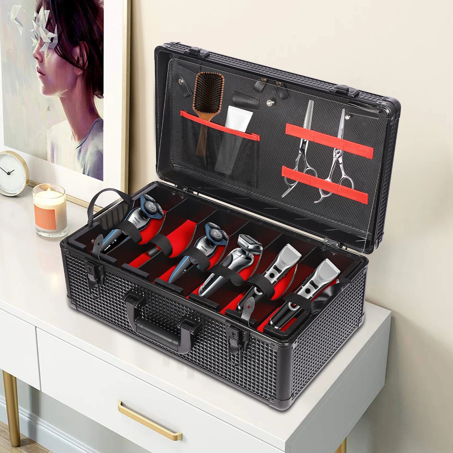 Professional Barber Case, Barber Makeup Supplies Case, Barbers Suitcase with Robust Secure Lock for Scissors, Clippers, Barber Tool Organizer Black