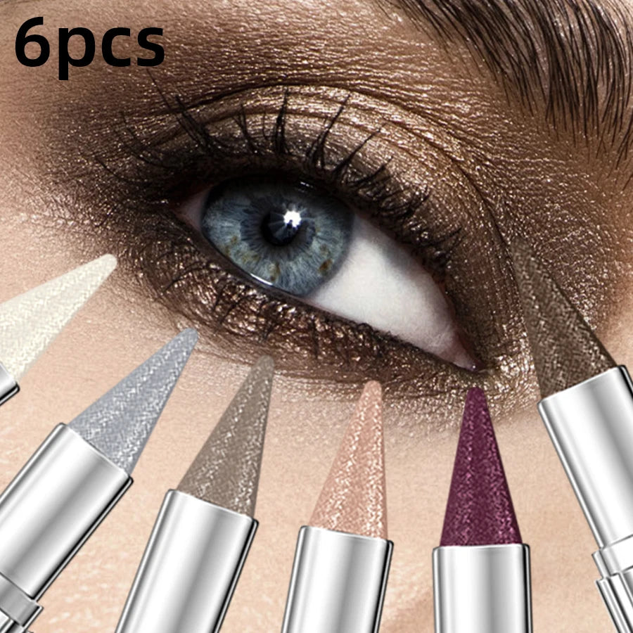 6pcs Metallic Brown Waterproof Eye shadow Pen Glitter Shiny Eye Shadow Stick Set Makeup for Women Gifts Pear Eye Cosmetics Smoky Black