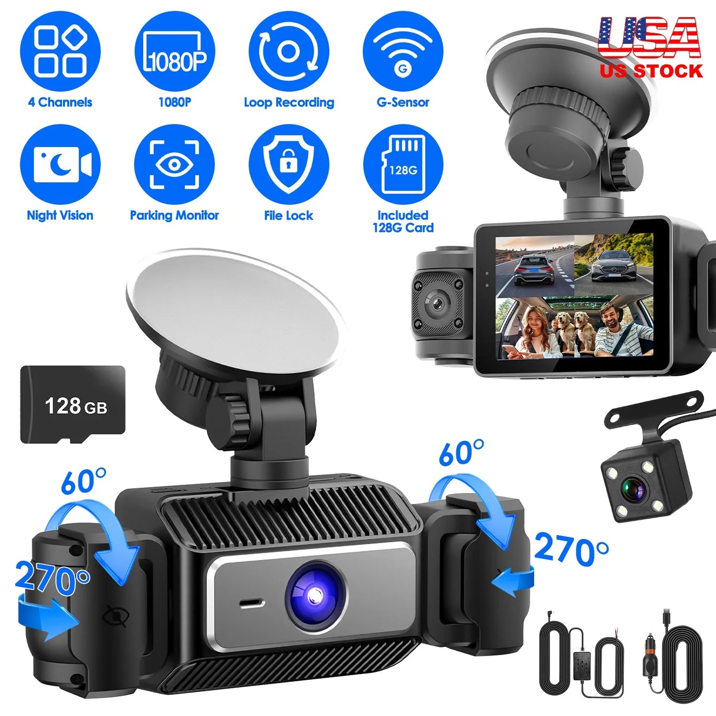 Four Channel 360 Dash Cam 1080P 720P 480P Night Vision