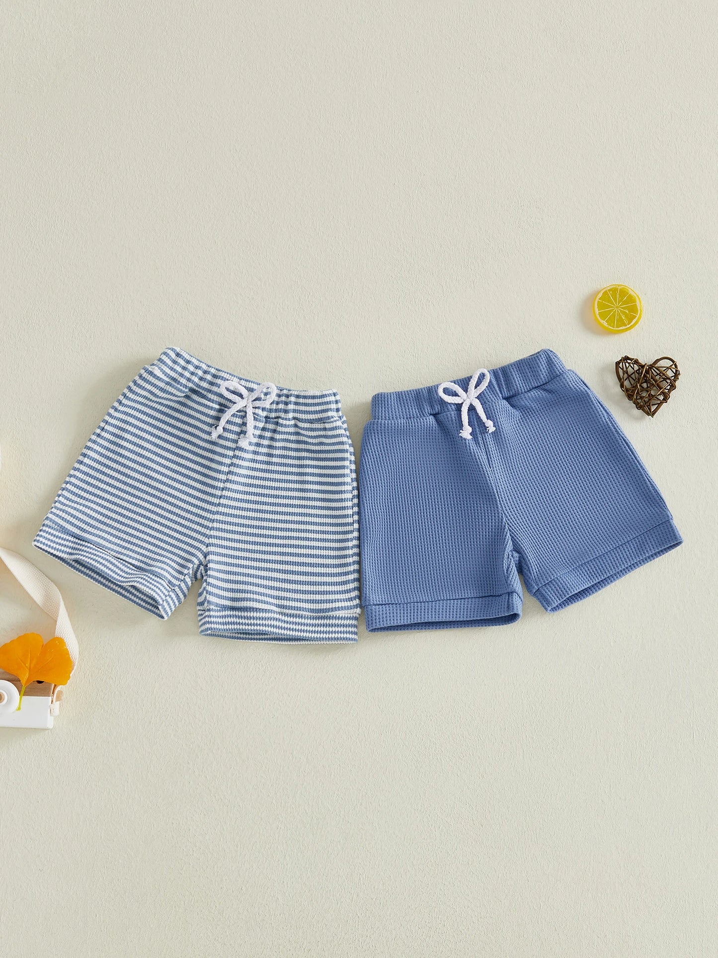 NONECN Toddler Cotton Shorts Elastic Waistband Solid Striped