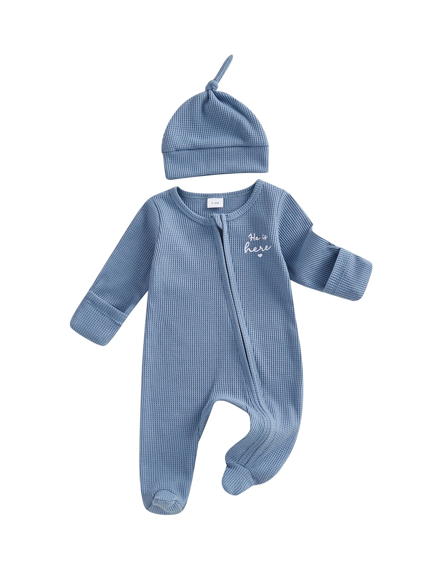 Adorable Infant 2 Piece Long Sleeve Romper Set With Hat Embroidered Letters
