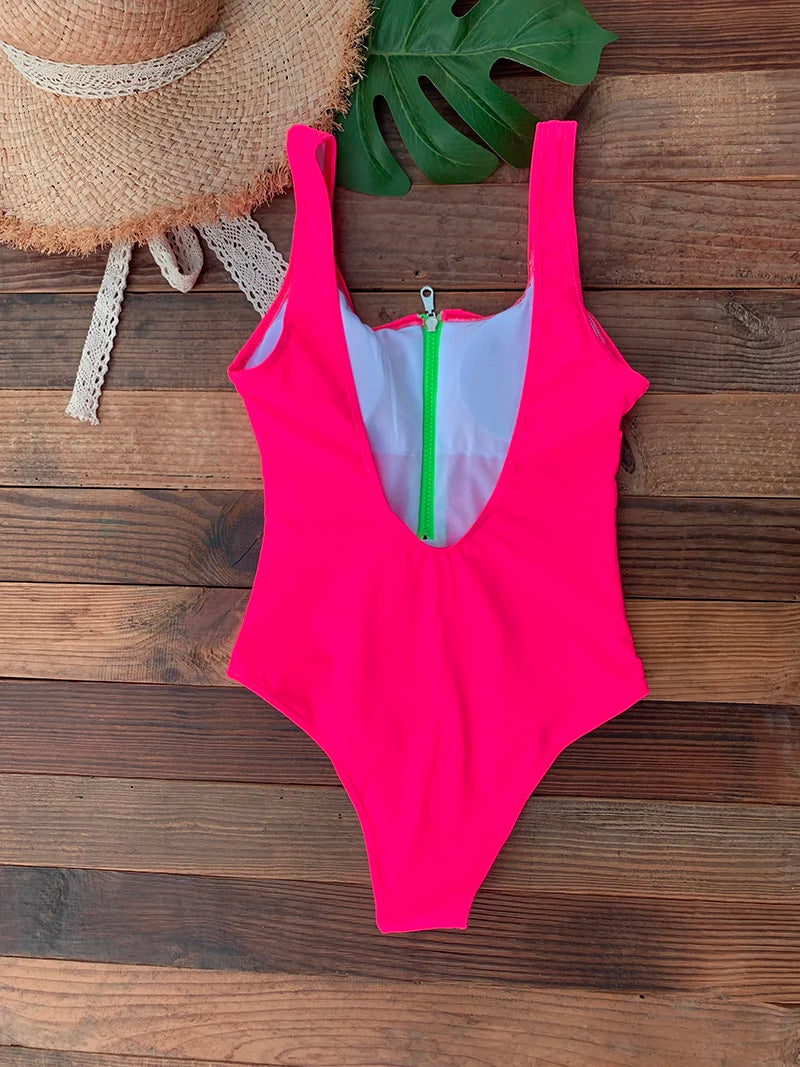 Front Zip Up One Piece Monokini Backless Swimsuit For Women