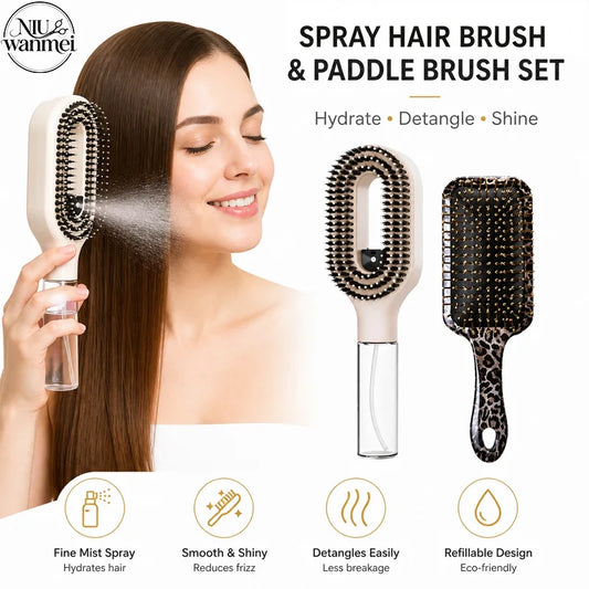 2Pcs Spray Hair Brush & Leopard Paddle Brush Set Refillable Fine Mist Hair Comb Detangle Anti‑Frizz Scalp Massage Air Cushion Hair Styling Tool for Women Wet Dry Hair