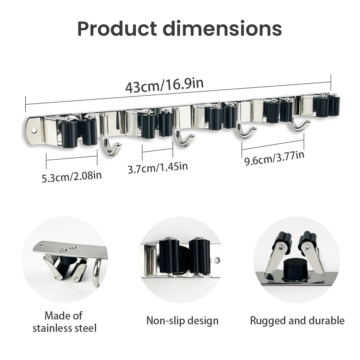 Adhesive 4 Hook Broom Mop Organizer Stainless Steel Wall Rack