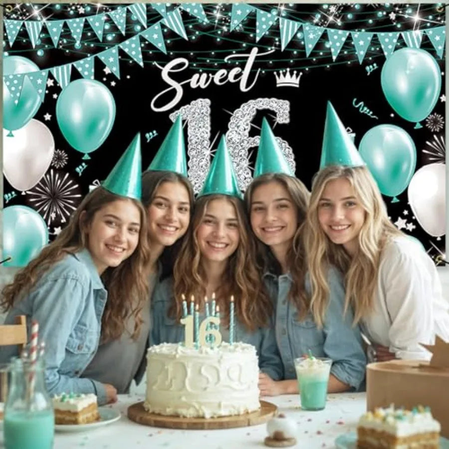 Sweet 16 Party Decorations, Fabric Happy 16th Birthday Banner Backdrop, Sweet Sixteen Birthday Decorations for Girls, Turquoise