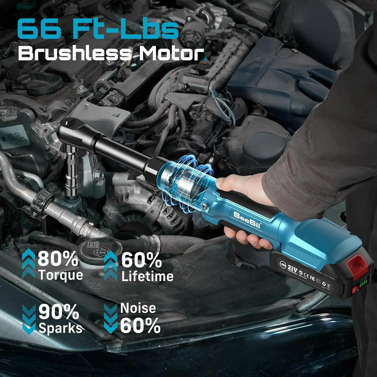 SEESII 21V 6.3'' Extended Electric Ratchet Wrench 3/8'80Nm Cordless Electric Wrench Rechargeable Angle Wrench Car Handheld Toolsfor Makita 18v Battery Pin