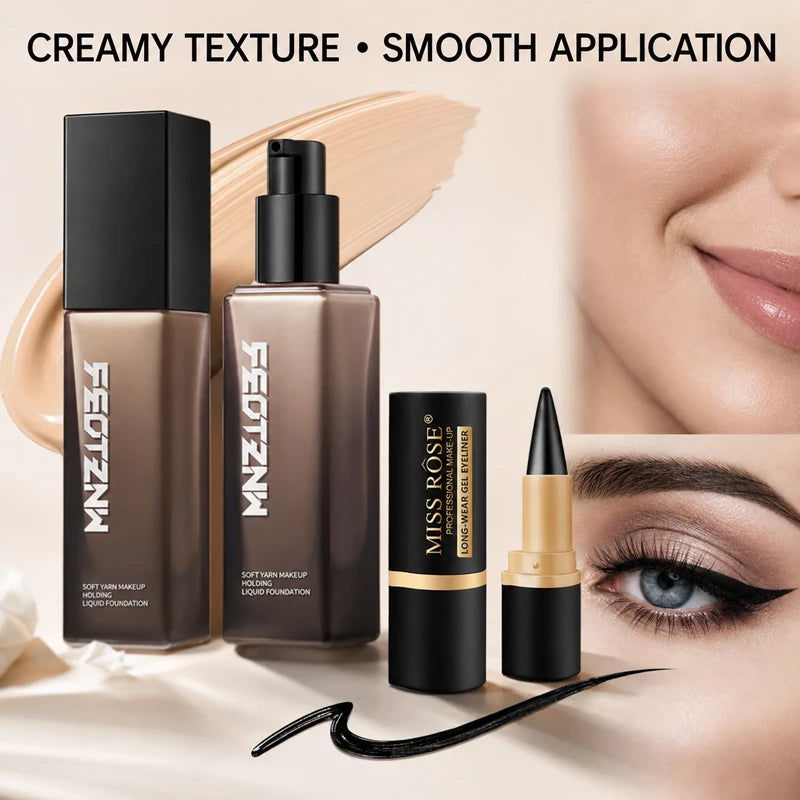 3PCS Makeup Set Full Coverage Liquid Foundation with 2 Waterproof Gel Eyeliners, Long-Lasting Matte Face Base, Smudge-Proof Black Eye Liner, Smooth Blendable Complexion and Eye Makeup Kit for Women, Natural Flawless Finish, D