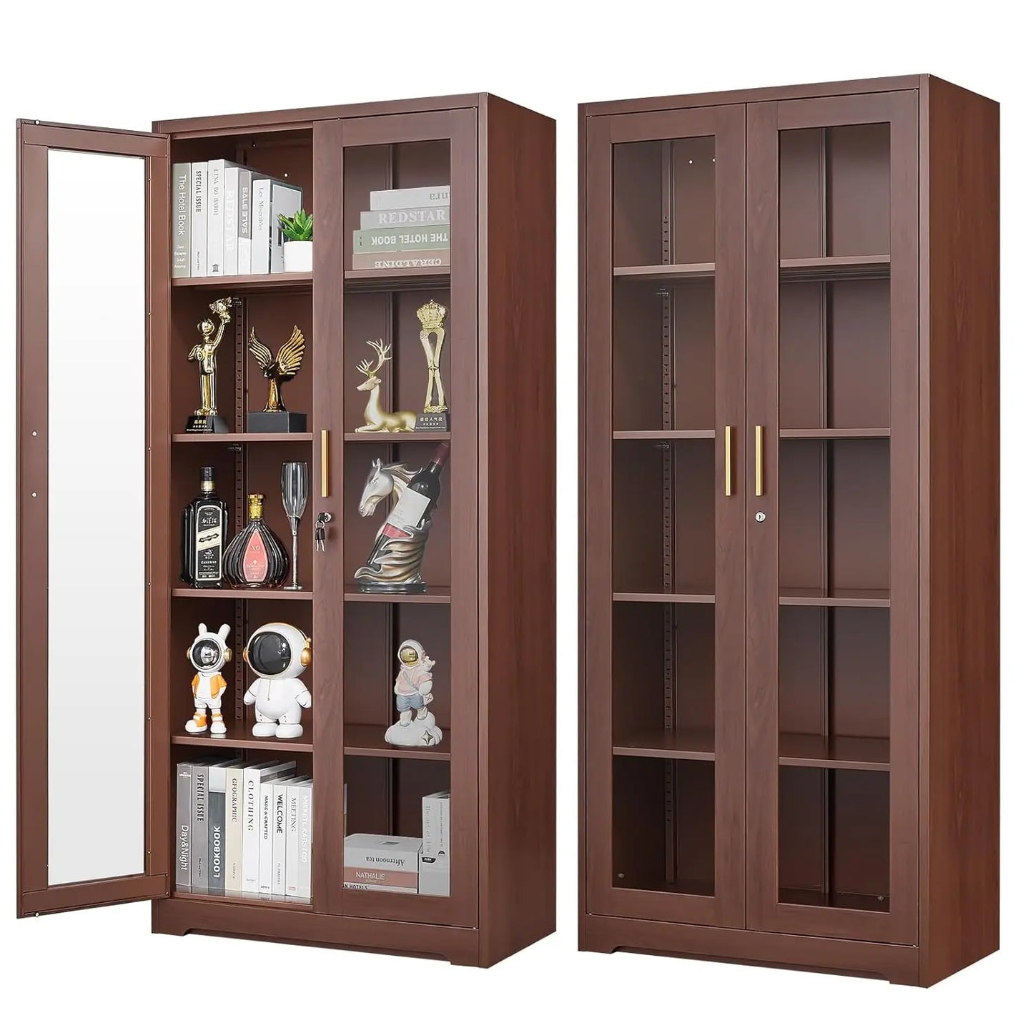 Display Cabinet with Glass Doors, 71'' Tall Curio Cabinets with Lock, Metal Glass Display Case for Collectibles, Customized
