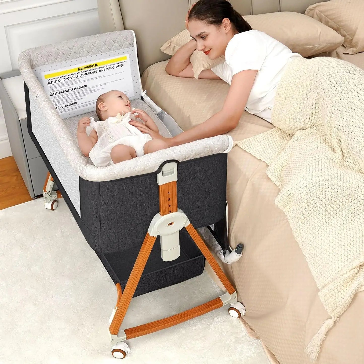 Three In One Bedside Baby Bassinet On Wheels Portable Crib