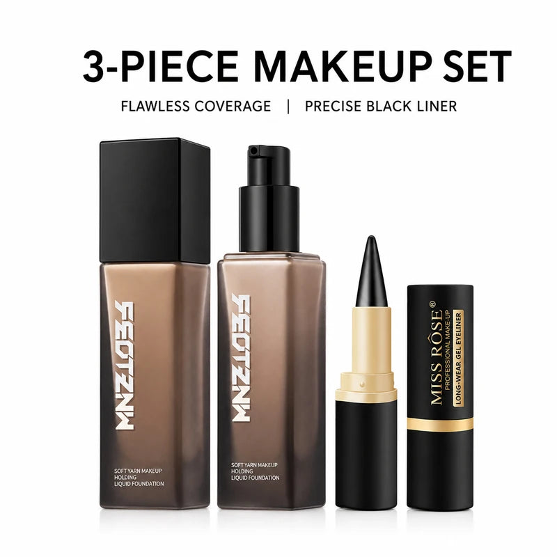 3PCS Makeup Set Full Coverage Liquid Foundation with 2 Waterproof Gel Eyeliners, Long-Lasting Matte Face Base, Smudge-Proof Black Eye Liner, Smooth Blendable Complexion and Eye Makeup Kit for Women, Natural Flawless Finish, D