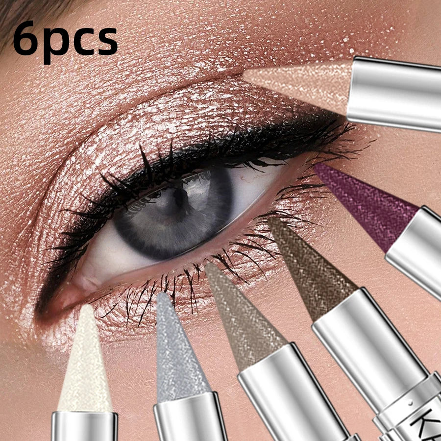 6pcs Metallic Brown Waterproof Eye shadow Pen Glitter Shiny Eye Shadow Stick Set Makeup for Women Gifts Pear Eye Cosmetics Smoky Black