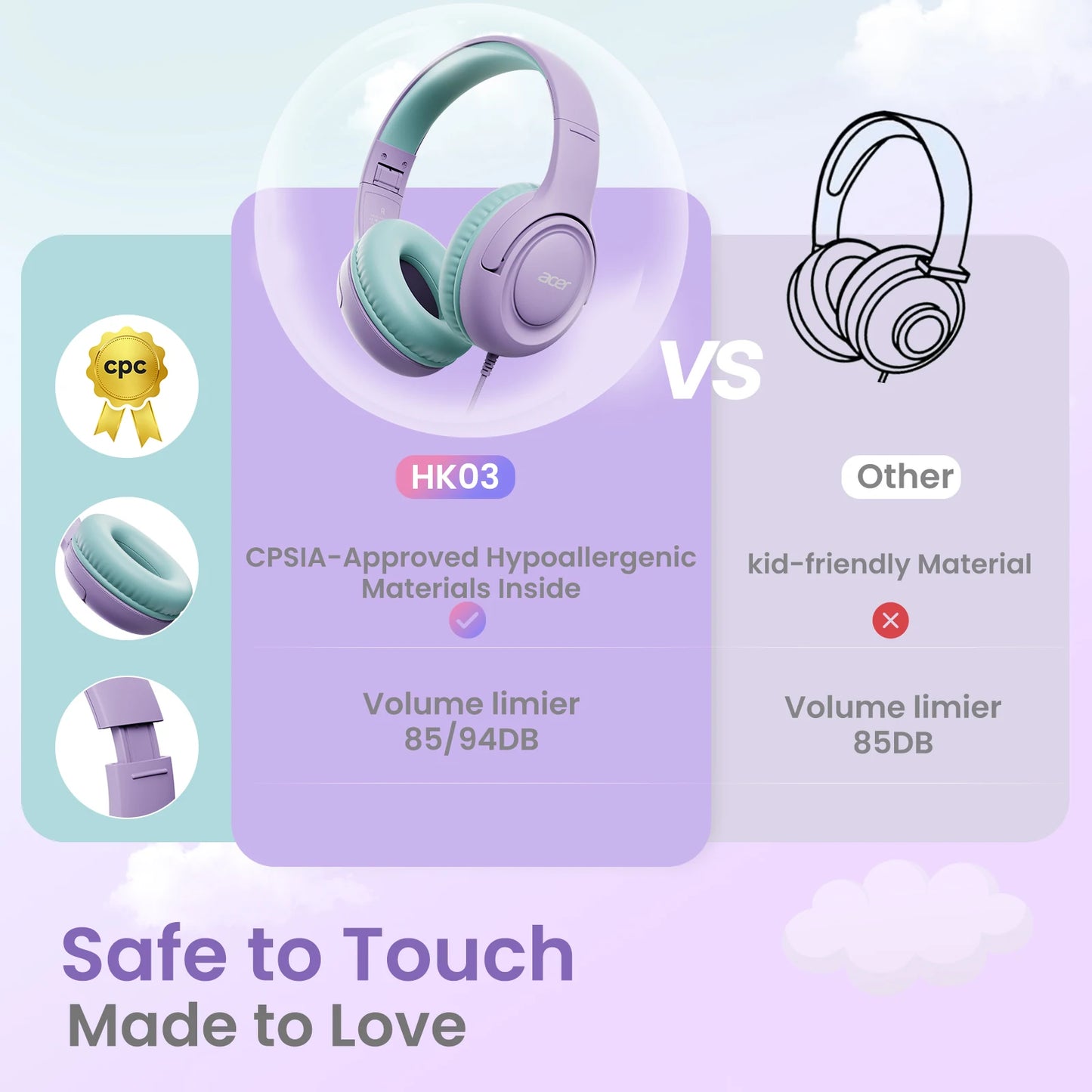 Acer Kids Headphones Wired School 85 To 94 dB Volume Limiter Foldable Stereo Headset For Kids Tablet iPad PC