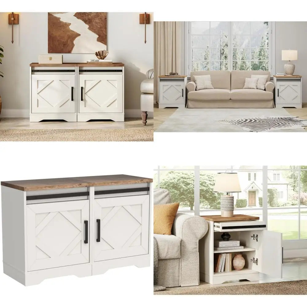 DAFIFY Rustic Farmhouse End Tables With Drawer And Barn Door