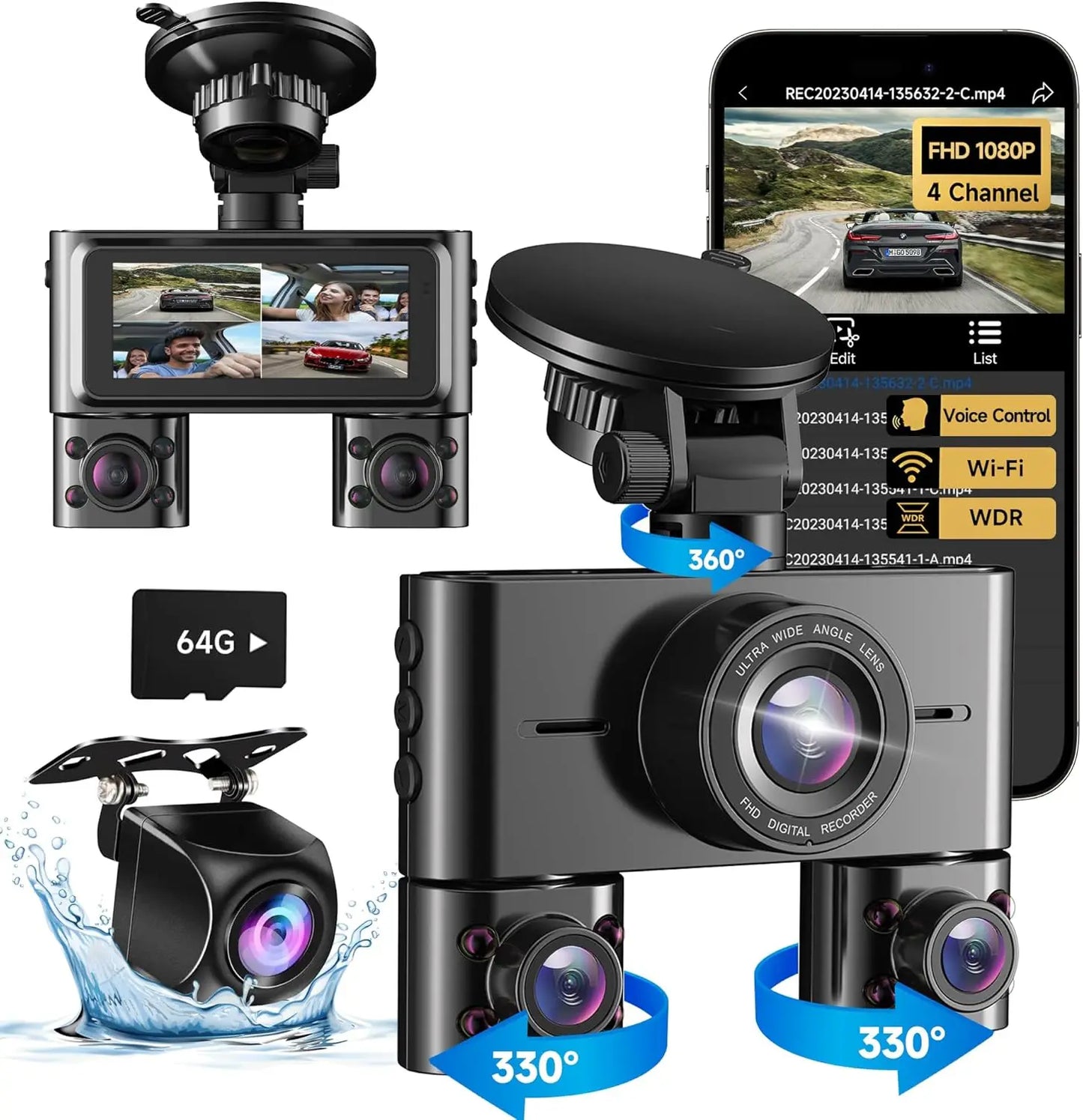 Kankeirr 360 Dash Cam Front Rear 4 Channel With WiFi