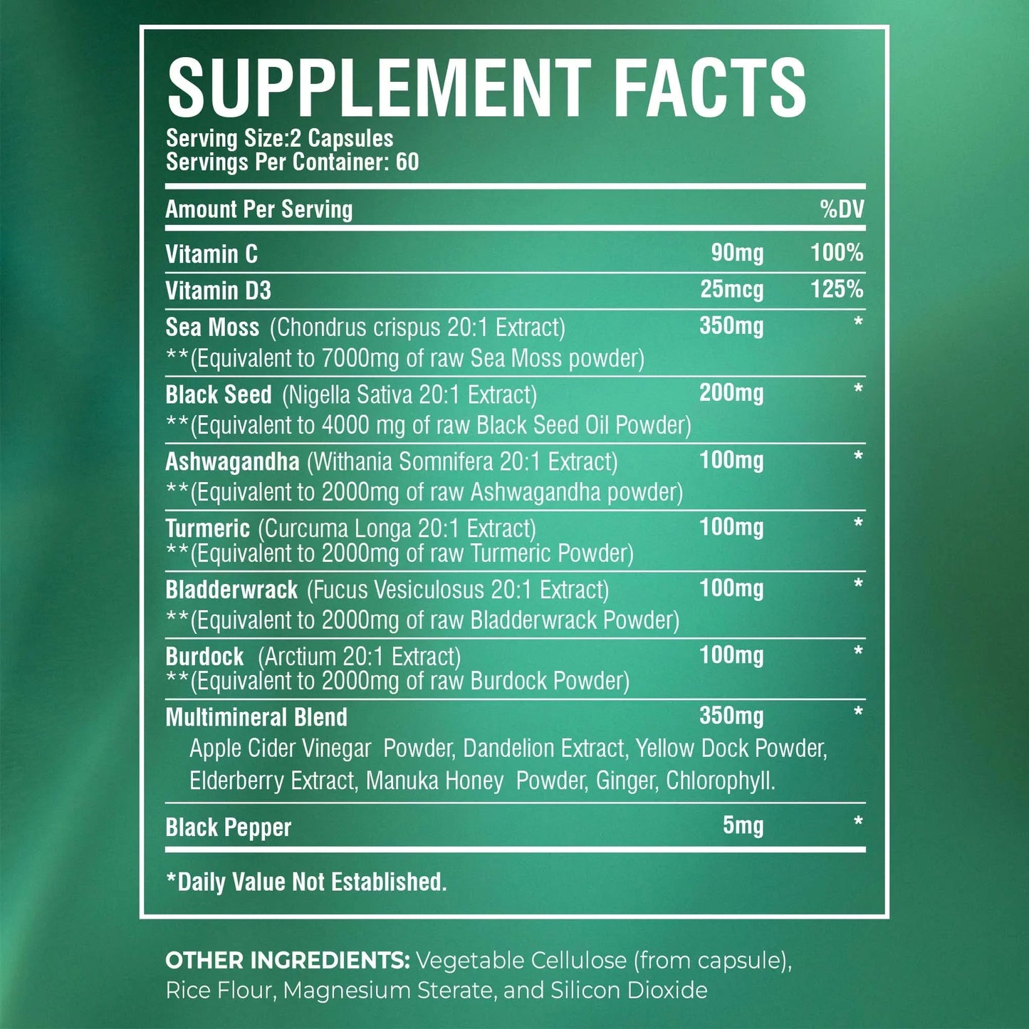 Sea Moss | Black Seed Oil | Ashwagandha | Ginger - Boosts The Immune System, Promotes Digestion and Joint Health | 120 Capsules