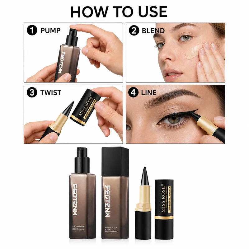 3PCS Makeup Set Full Coverage Liquid Foundation with 2 Waterproof Gel Eyeliners, Long-Lasting Matte Face Base, Smudge-Proof Black Eye Liner, Smooth Blendable Complexion and Eye Makeup Kit for Women, Natural Flawless Finish, D
