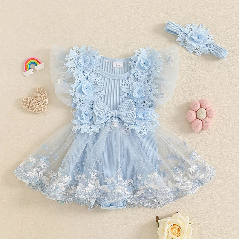Infant Floral Embroidered Romper With Mesh Skirt And Headband Set