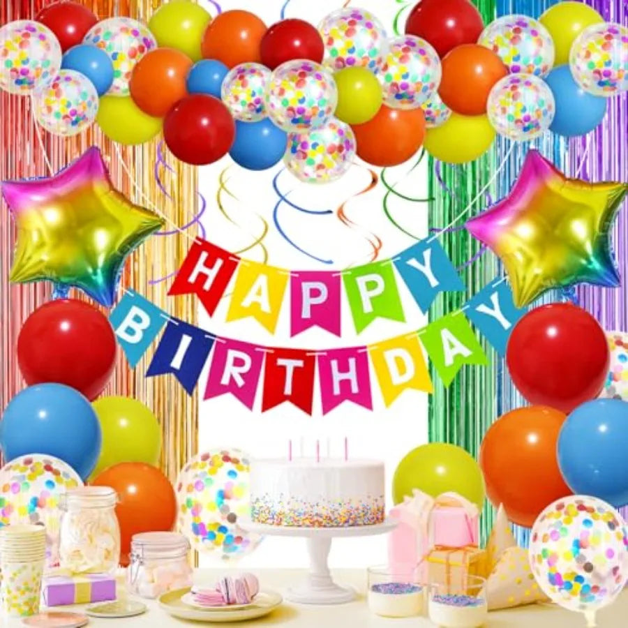 Birthday Party Decorations With Balloons And Fringe Curtains