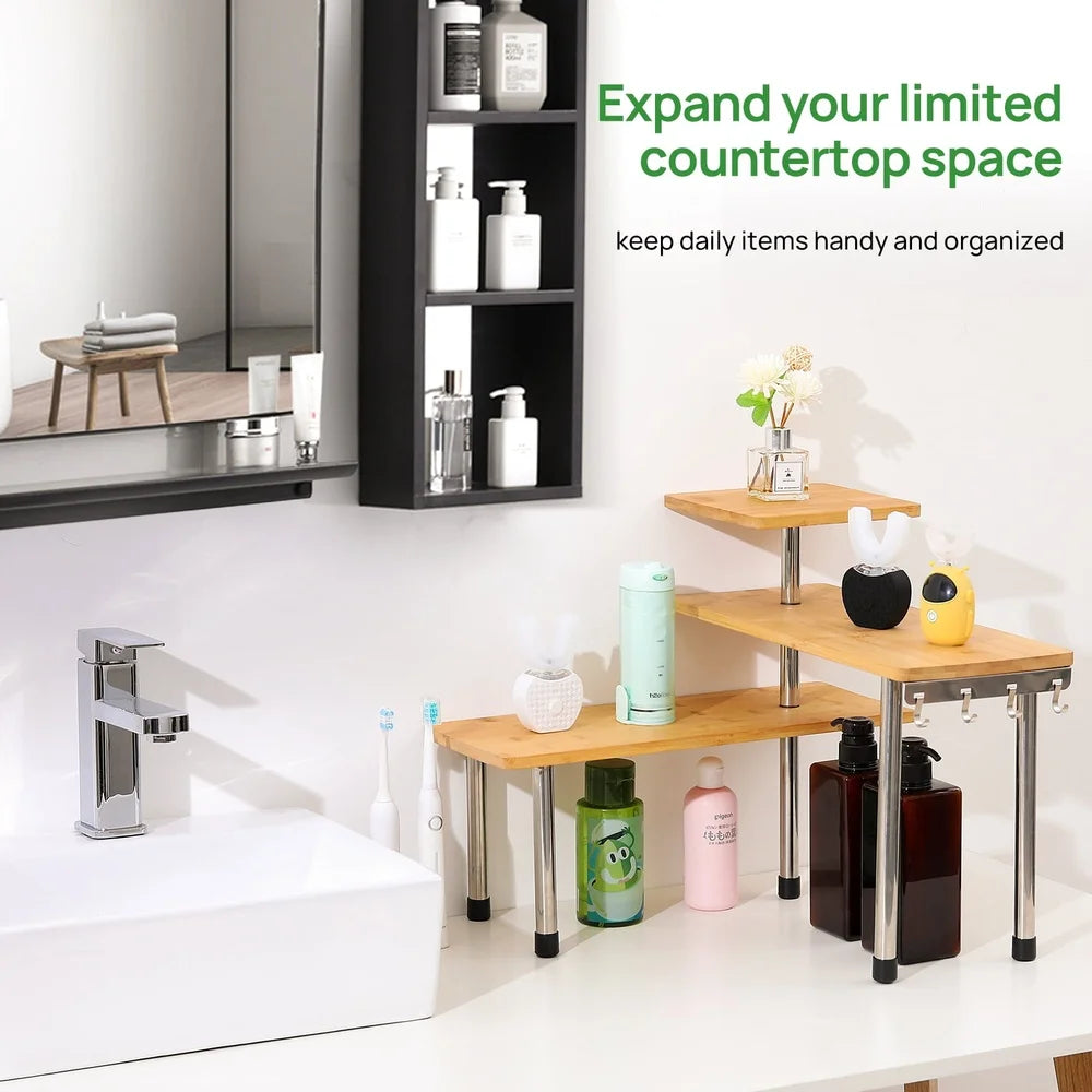 Bamboo Corner Shelf Organizer With Hooks For Kitchen Bathroom