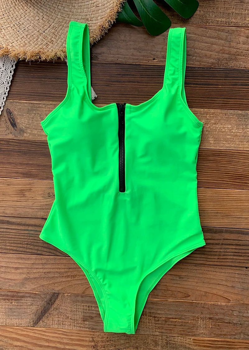 Front Zip Up One Piece Monokini Backless Swimsuit For Women