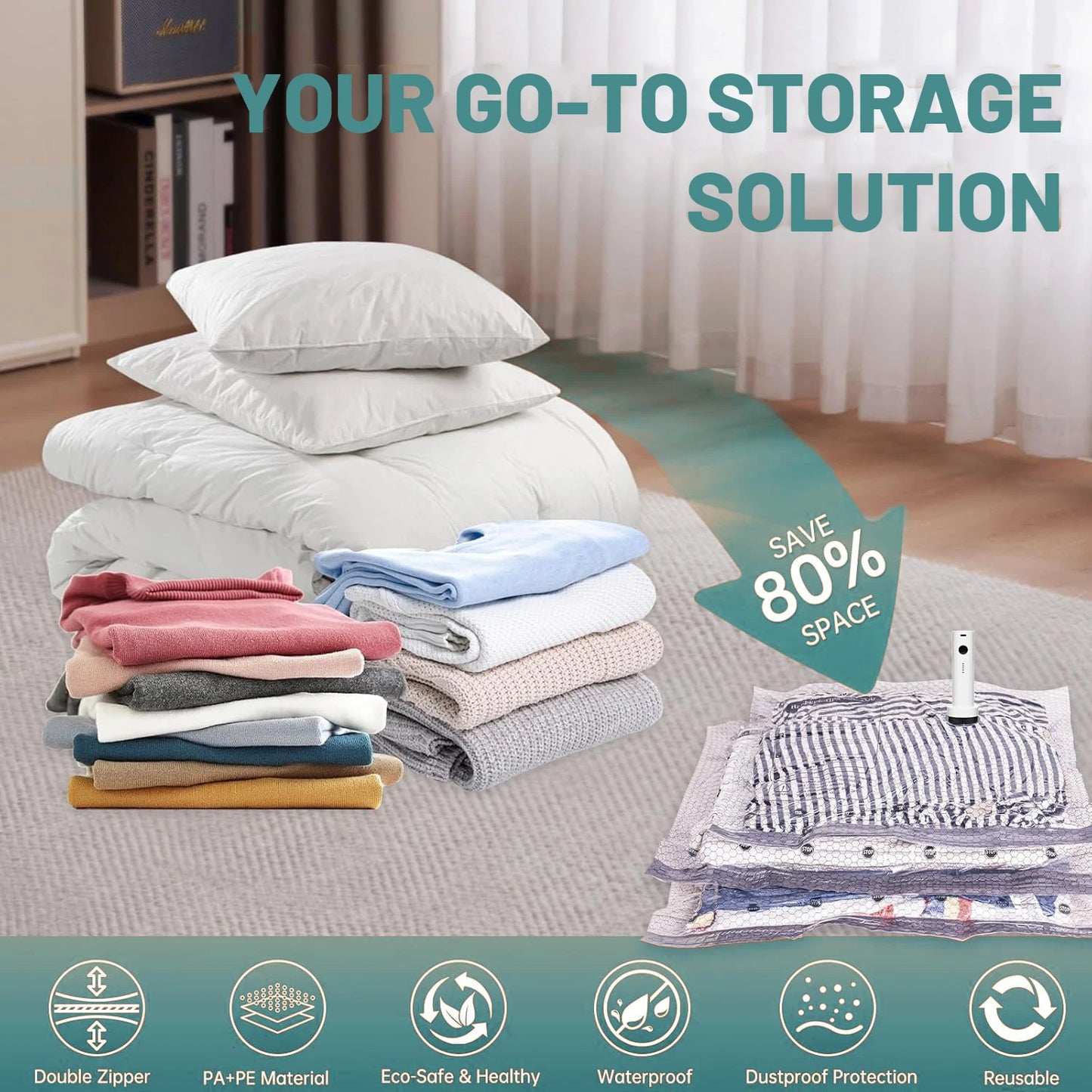 Cordless Travel Vacuum Compression Bag Set With Rechargeable Pump