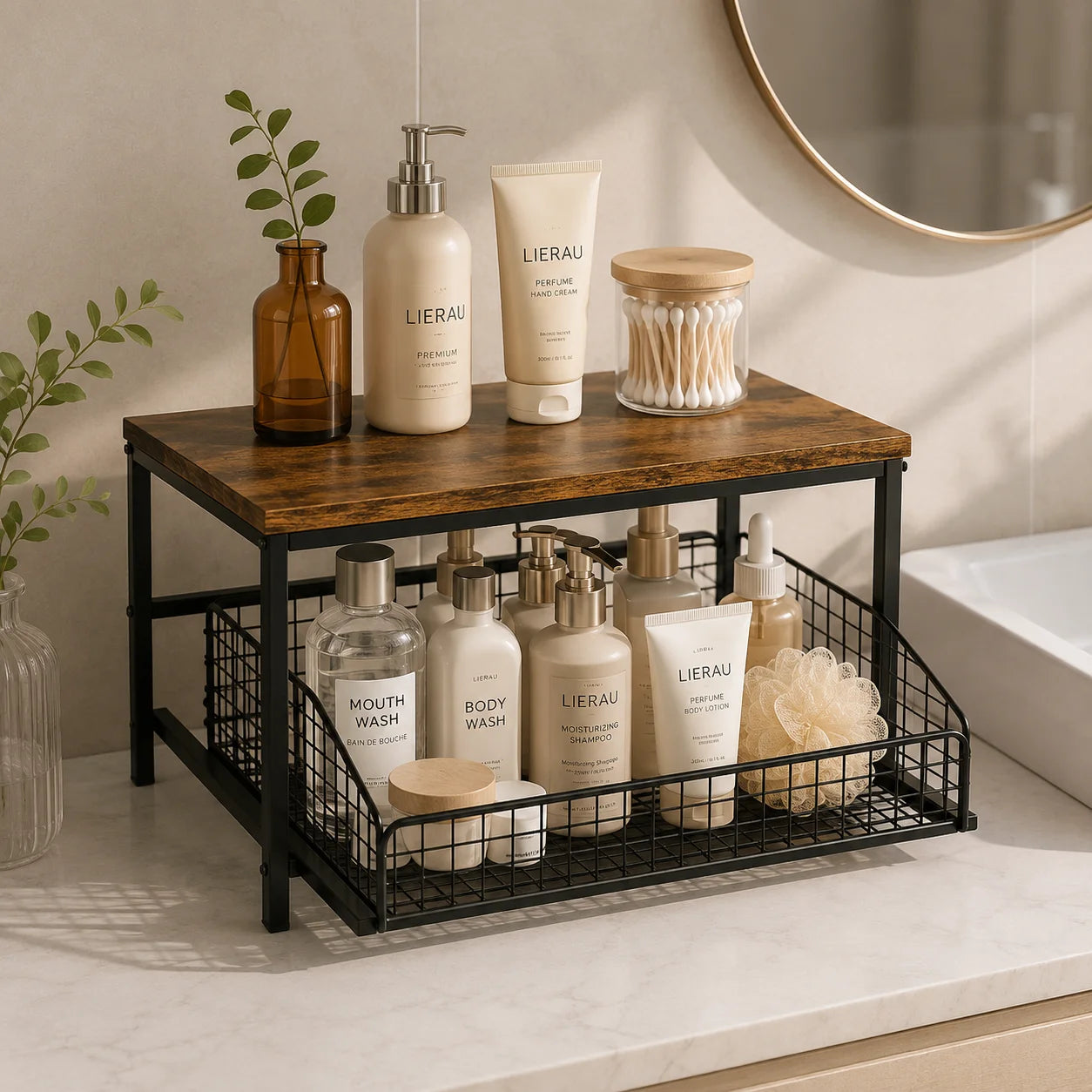Pull Out Kitchen Counter Organizer with Sliding Wire Basket, Rustic Wood Countertop Storage Shelf for Coffee Station, Spice Rack, Pantry & Bathroom Organization