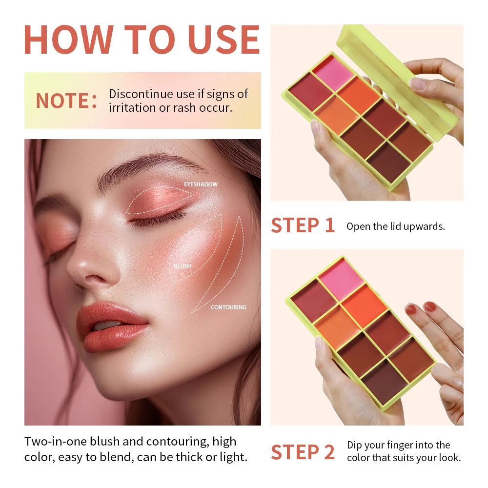 All-In-One 8 Color Cream Blush Countouring Face Palette Blendable Longwear Natural Glow Shades Long-Lasting Sweat-Resistant Woman Makeup