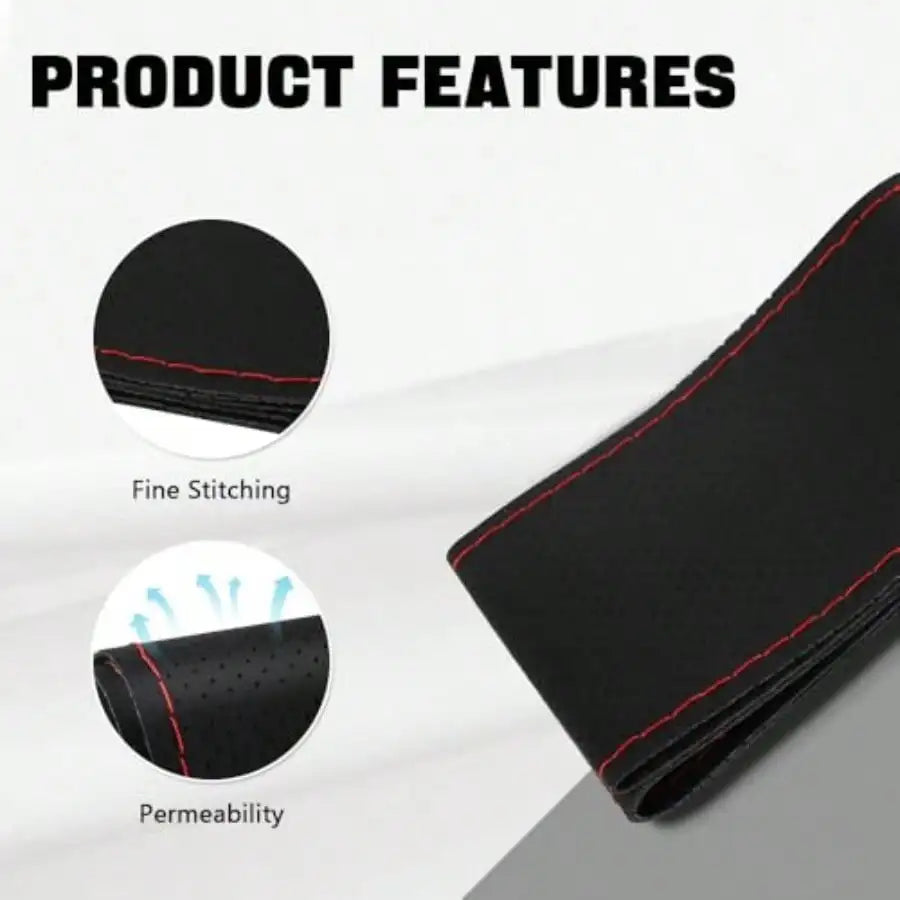 Leather Steering Wheel Cover Stitch On Wrap 15 Inch Steering Wheel Wrap Universal For Car Truck SUV Breathable Anti-Slip DIY Sewing With Needle Thread Black+Red