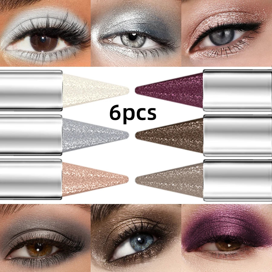 6pcs Metallic Brown Waterproof Eye shadow Pen Glitter Shiny Eye Shadow Stick Set Makeup for Women Gifts Pear Eye Cosmetics Smoky Black