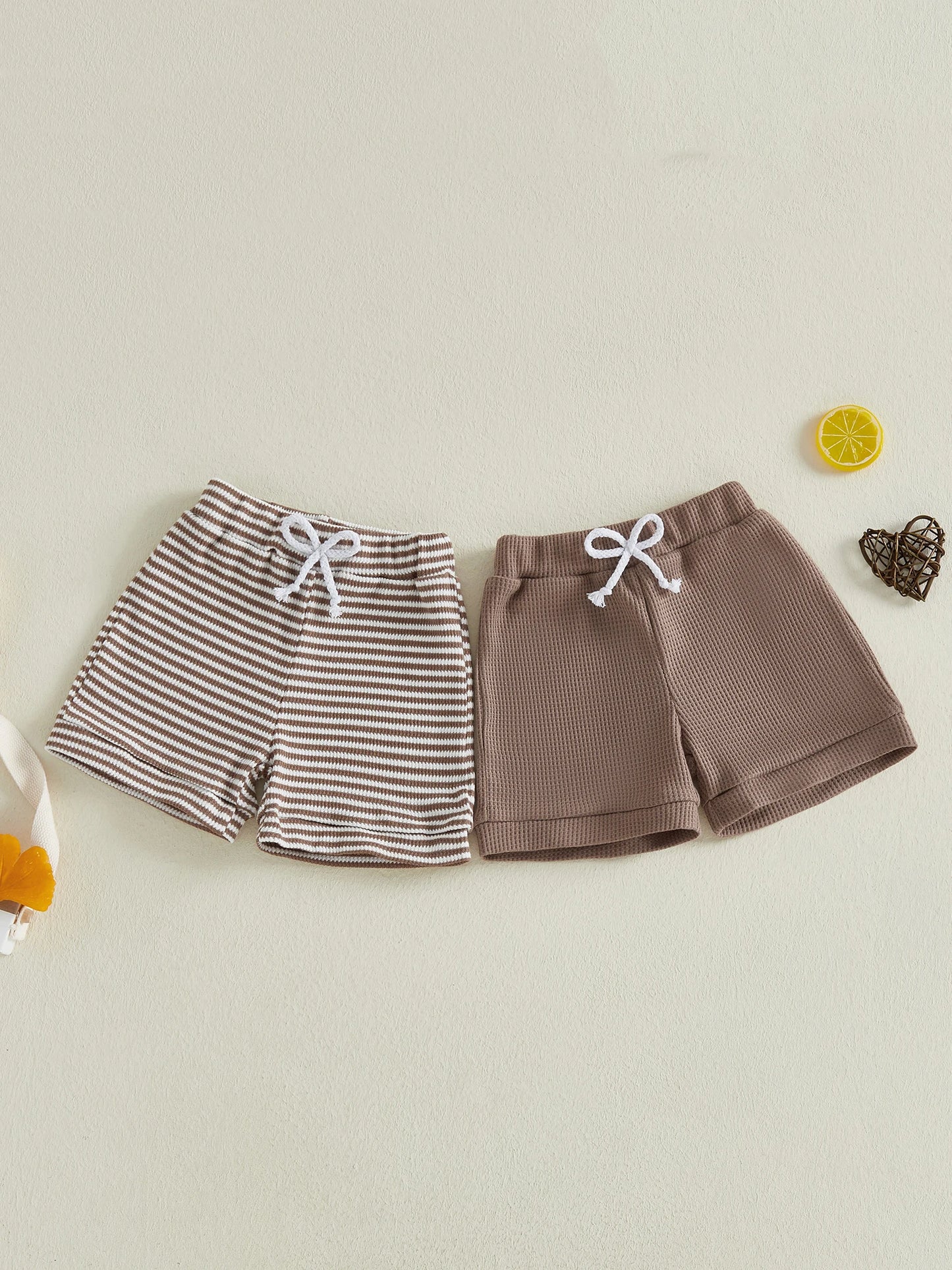 NONECN Toddler Cotton Shorts Elastic Waistband Solid Striped