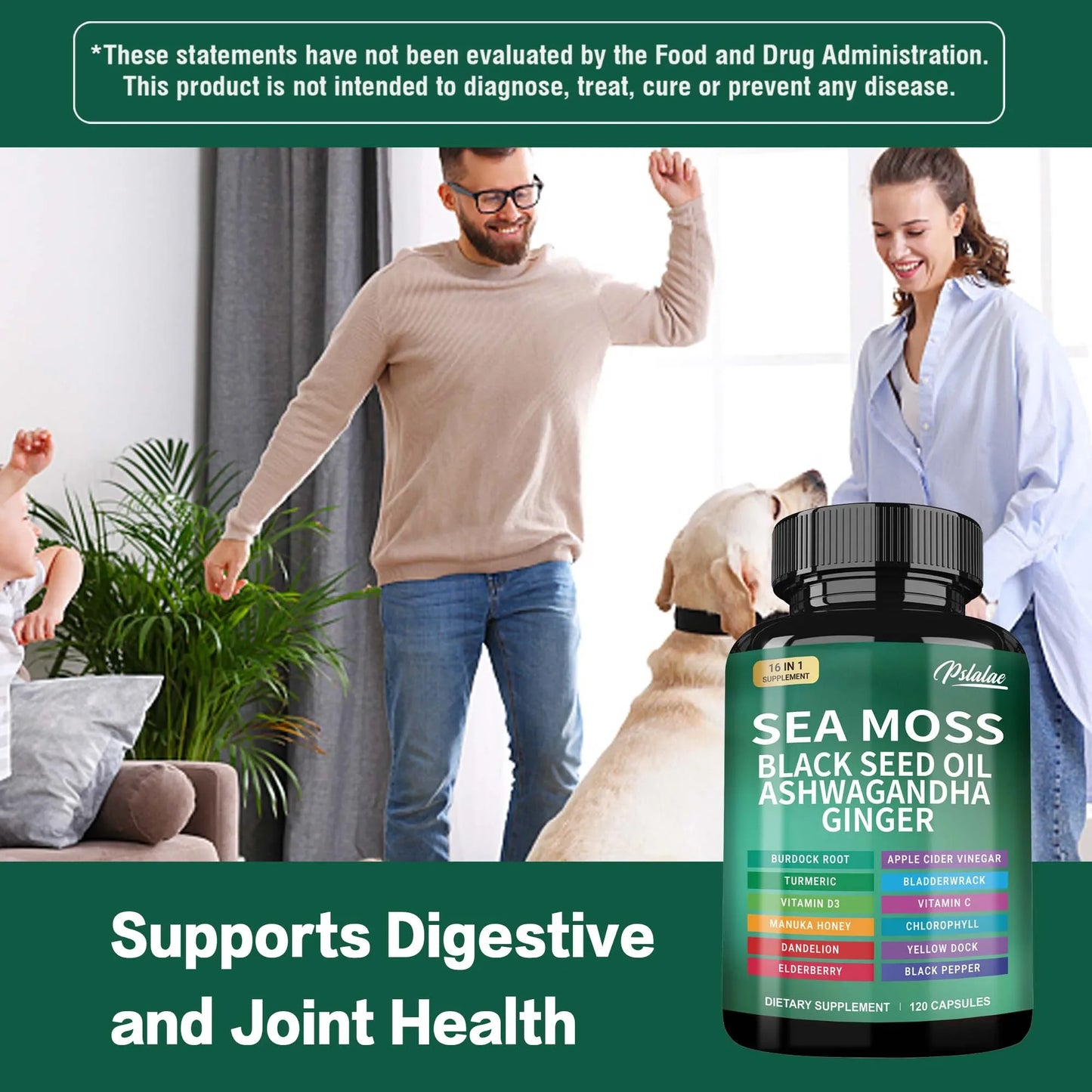 Sea Moss | Black Seed Oil | Ashwagandha | Ginger - Boosts The Immune System, Promotes Digestion and Joint Health | 120 Capsules