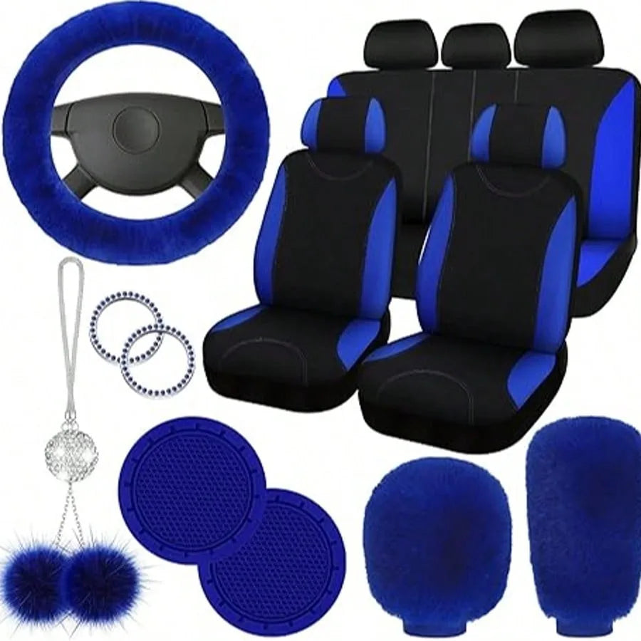 17pcs Car Seat Cover Full Set for Women Universal Fit Car Front Rear Fluffy Steering Wheel Fleece Handbrake Shift Covers Hanging Accessory Holder Ring Emblem (Rose Red Black), Car Seat Cover Full Set
