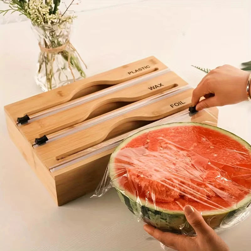 3-in-1 Bamboo Wrap Dispenser Drawer Organizer for Foil Plastic Wrap & Parchment Paper with Built-in Cutter & Label Holders