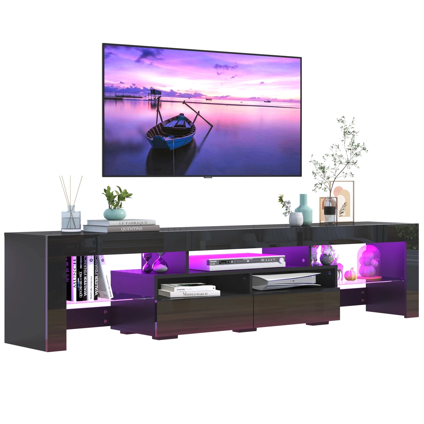 LED TV Stand for Living Room with 20 Color LED Lights and Storage Shelf High Gloss Cabinet with Large Drawers