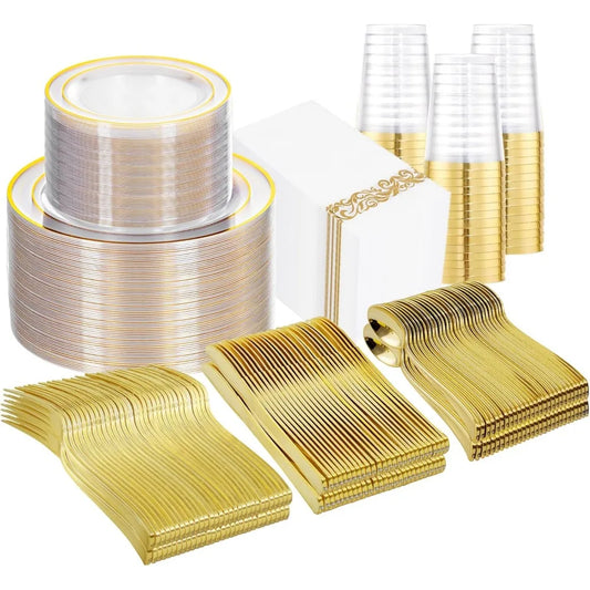 Gold Themed Disposable Dinnerware Set For 100 Guests With 700 Pieces And Clear Plates For Parties And Weddings