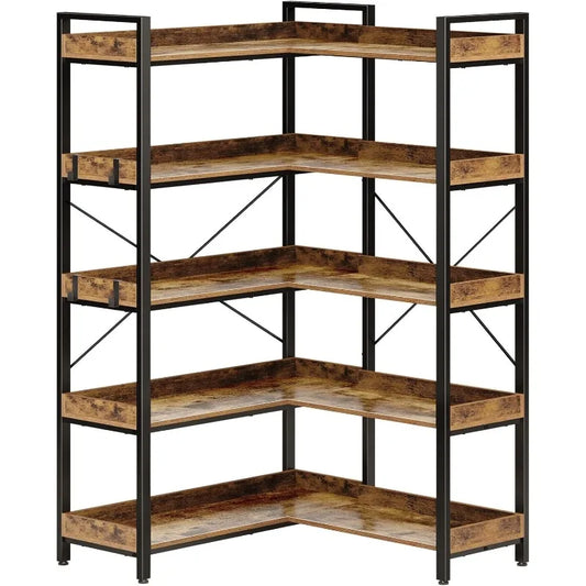HighConcerned Bookshelf 5 Tier Reversible Corner With Hooks