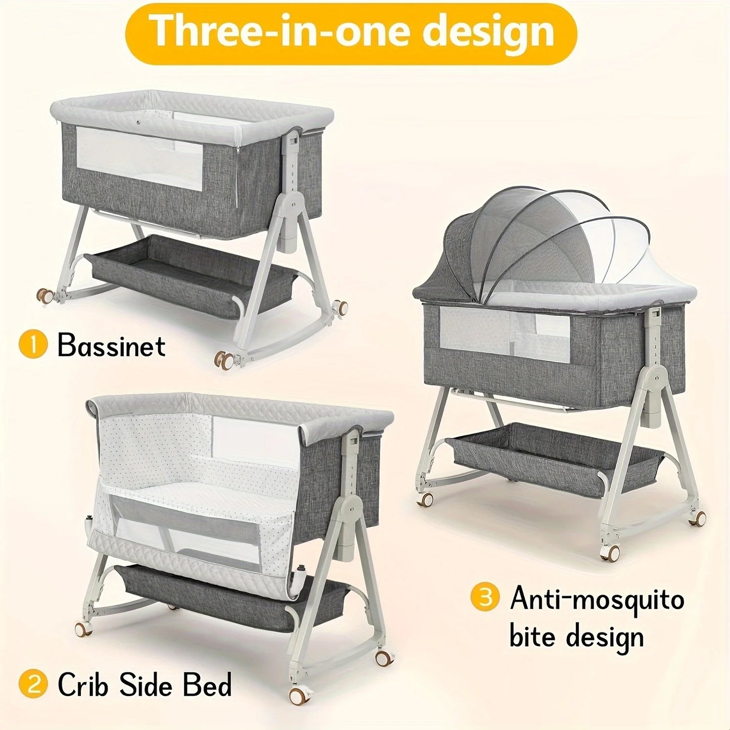Three In One Bedside Baby Bassinet On Wheels Portable Crib
