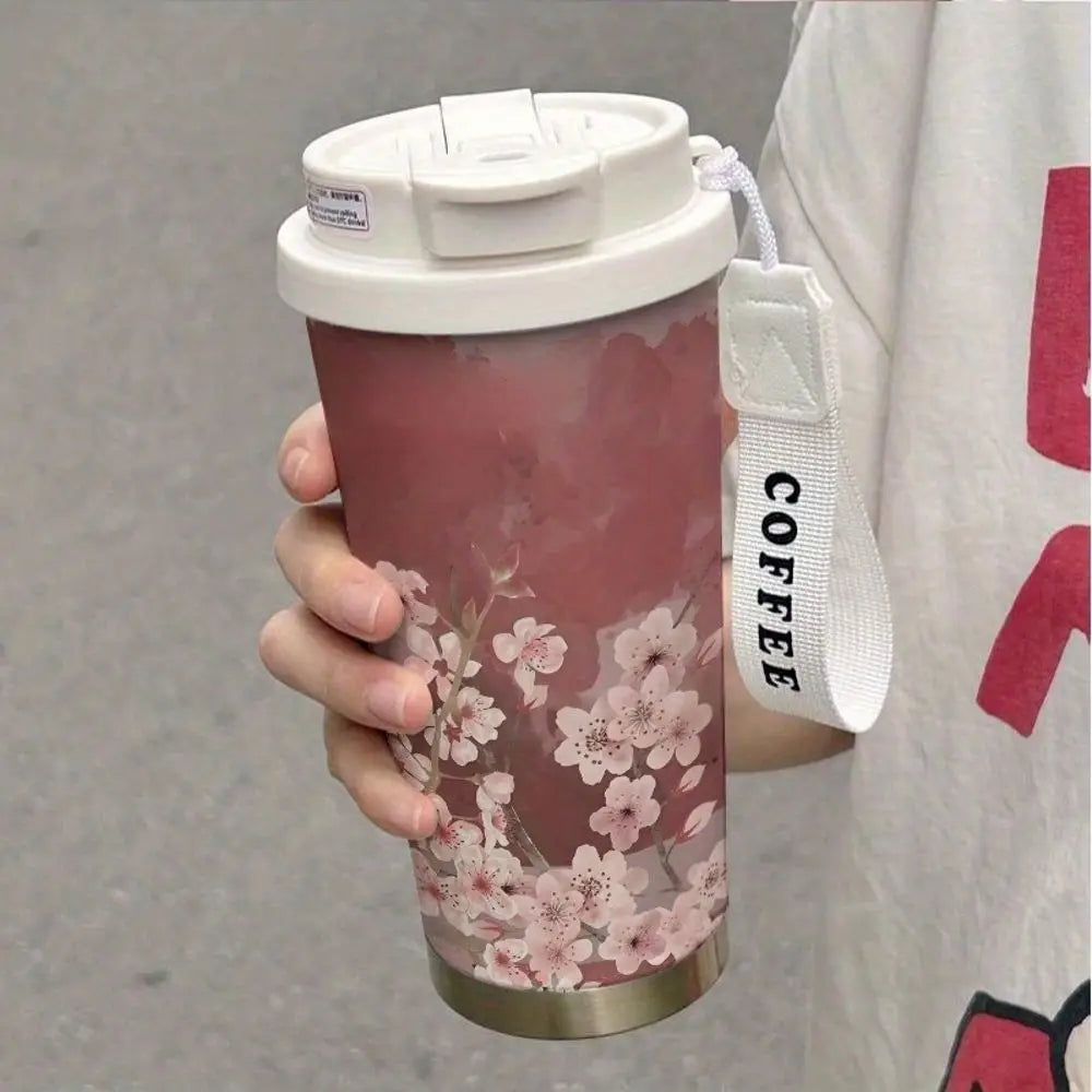 304 Stainless Steel Sakura Insulated Travel Mug With Straw Lid