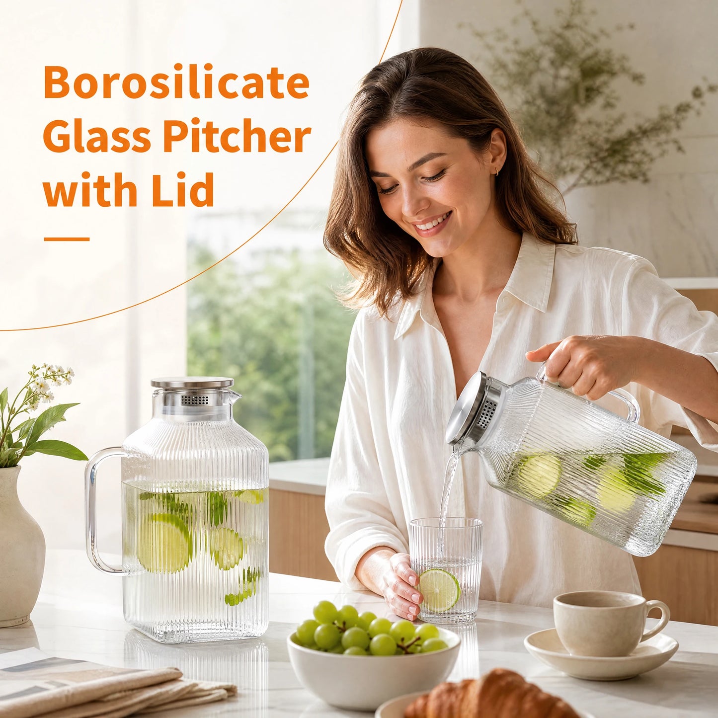 HiMISS Glass Water Pitcher With Handle And Strainer Lid